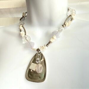 CHICO'S Natural Shell Chips White Bead Silver Chunky Pendant Necklace